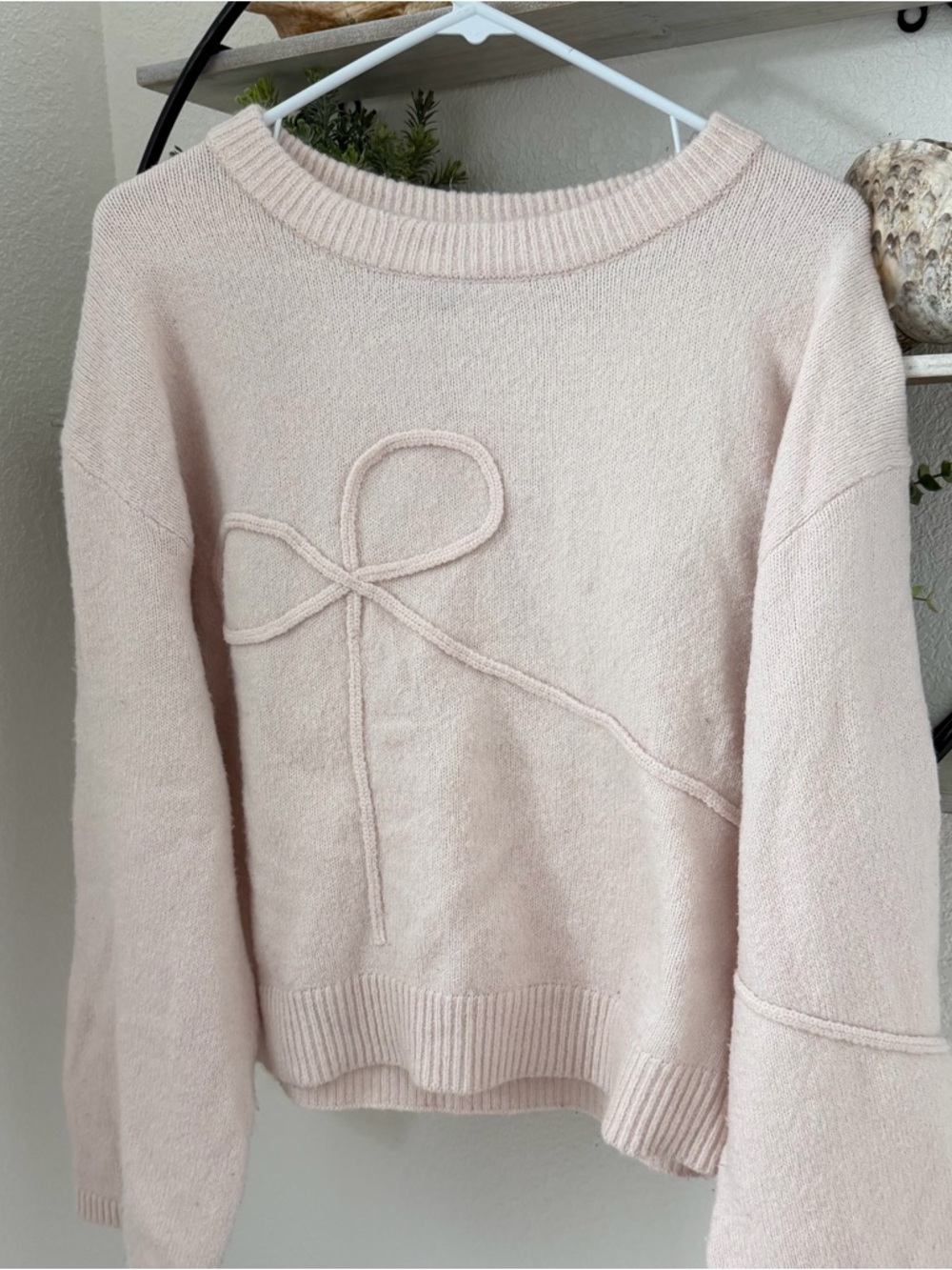 Divided Womens Pale Pink Crewneck Sweater with Rope Bow Detail